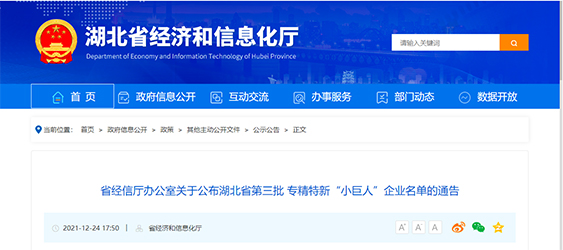 湖北新能源入选湖北省第三批专精特新“小巨人”企业